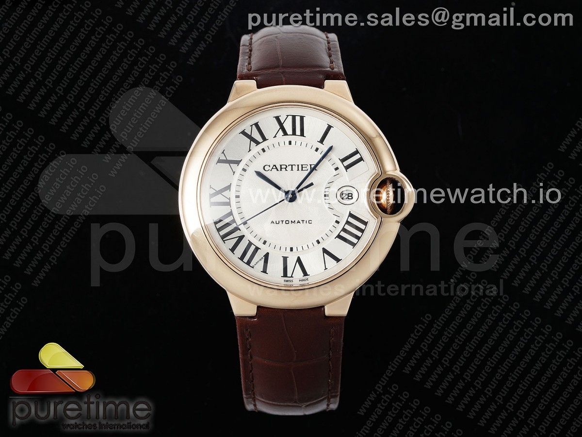 [AF] Cartier Ballon Bleu 42mm RG White Texture Dial on Brown Leather Strap A2824 V5