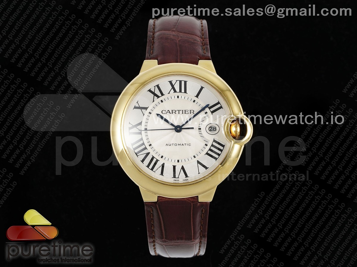 [AF] Cartier Ballon Bleu 42mm YG White Texture Dial on Brown Leather Strap A2824 V5