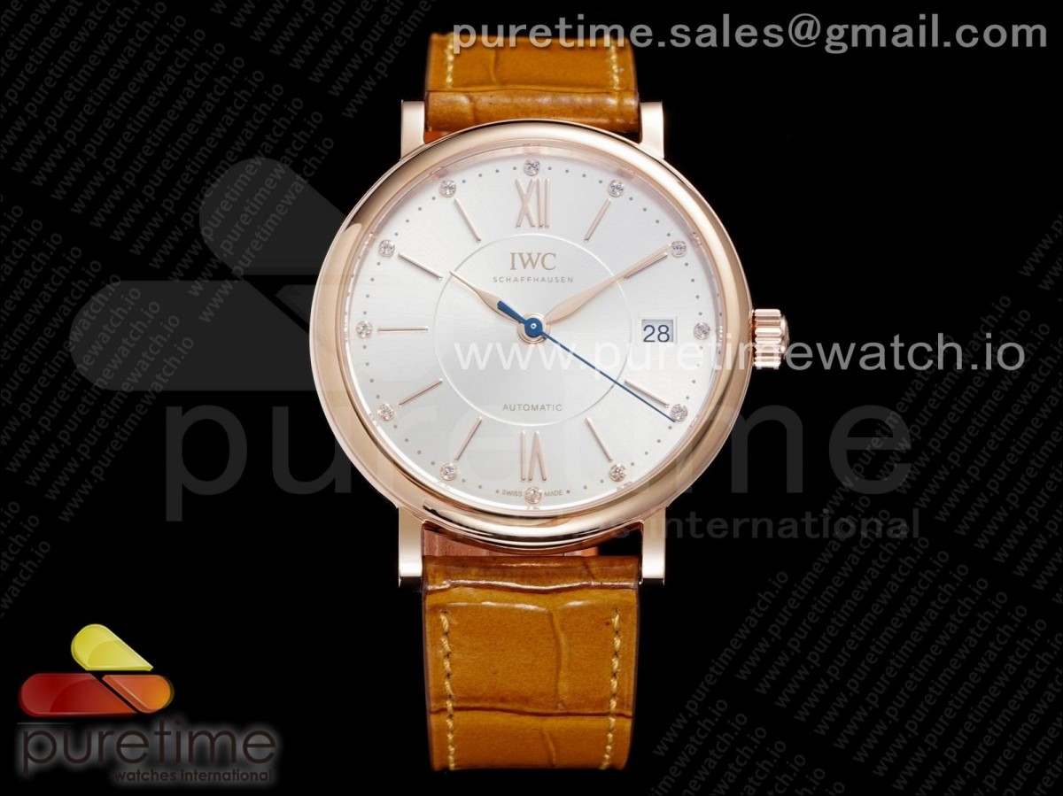 [V7F] IWC Portofino 37mm RG White Dial on Light Brown Leather Strap A2892