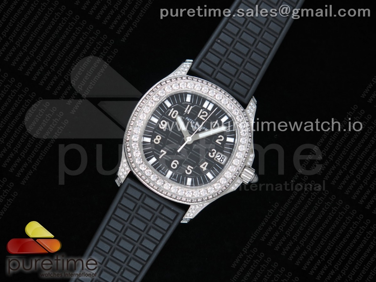 [PPF] Patek Philippe  Aquanaut 5068 SS Full Paved Diamonds Black Textured Dial on Black Rubber Strap 324CS