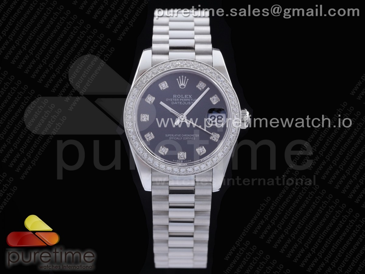 [GMF] Rolex DateJust 31 Ladies 278289 316L Steel Black Dial Diamonds Bezel and Markers on President Syle Bracelet