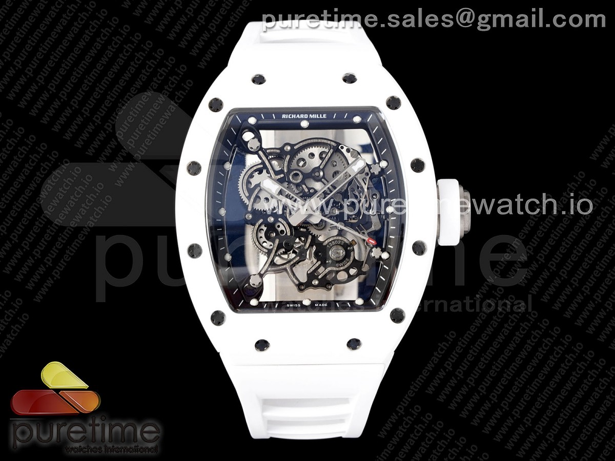 [BBR ] Richard Mille RM055 White Ceramic Skeleton Dial on White Rubber Strap Clone RMUL2 V2