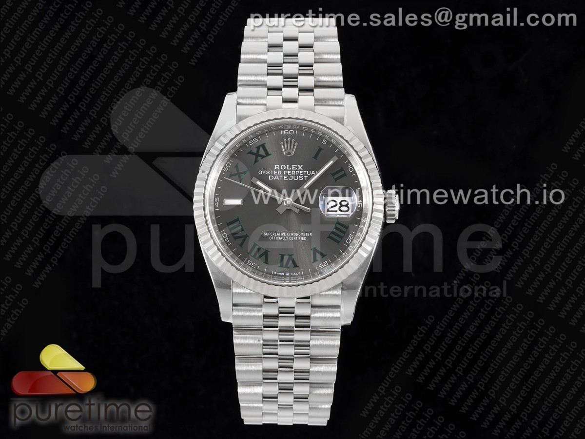 [Clean] Rolex DateJust 36 126234 904L Steel Gray Dial Green Roman Markers on Jubilee Bracelet VR3235