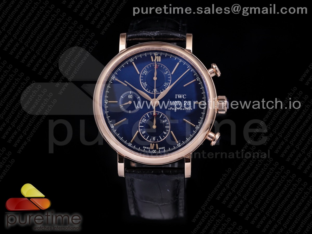 [ZF] IWC Portofino Chrono RG Blue Dial Gold Markers on Black Leather Strap A7750