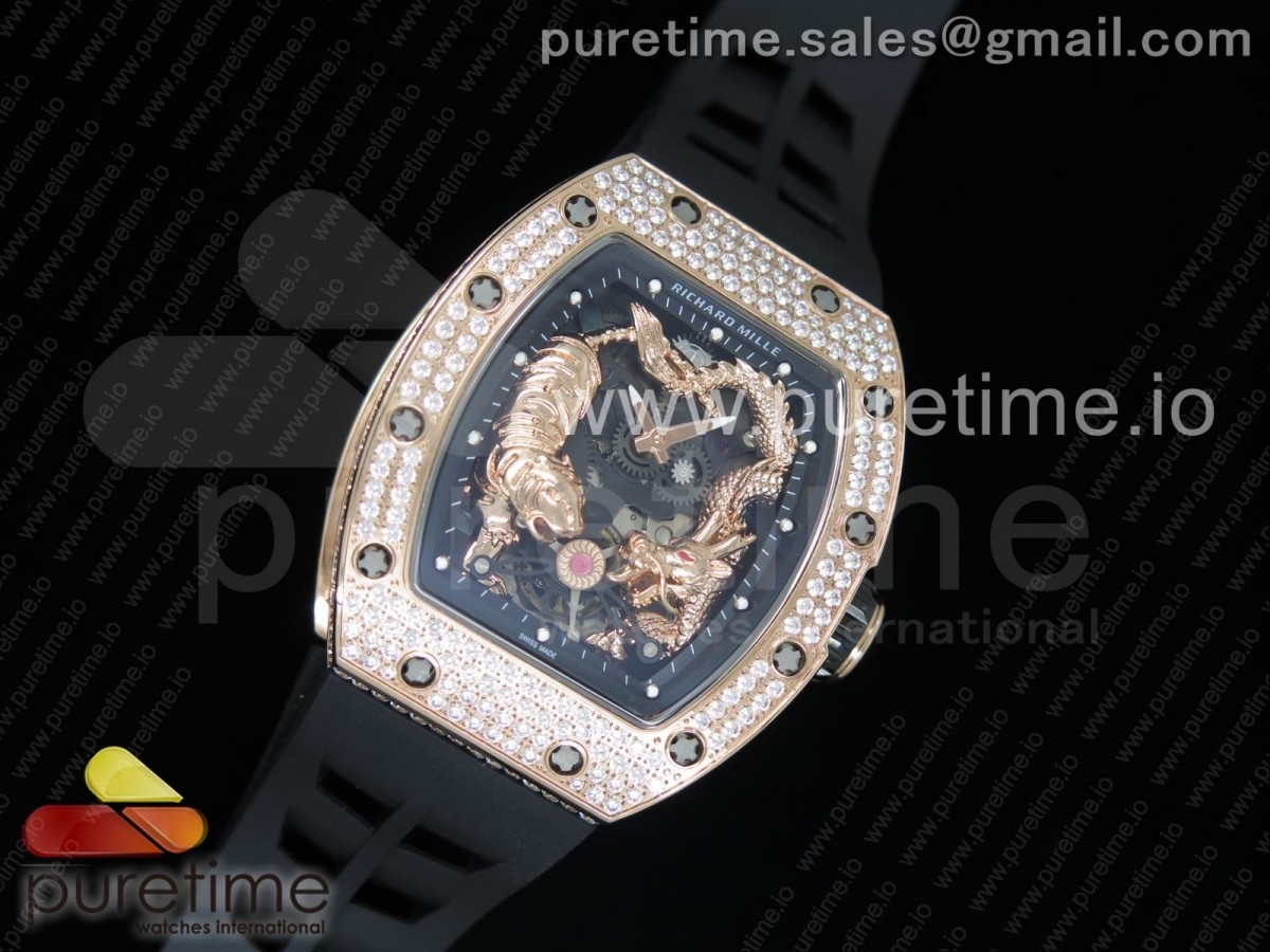 [KVF] Richard Mille RM 51-01 RG Tiger & Dragon Diamonds Bezel on Black Rubber Strap MIYOTA8215