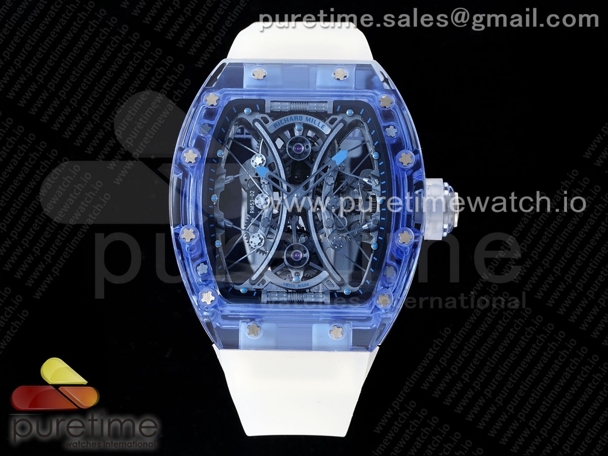 [RMF] Richard Mille RM53-02 Blue Transparent Tourbillon Skeleton Dial on Transparent Rubber Strap