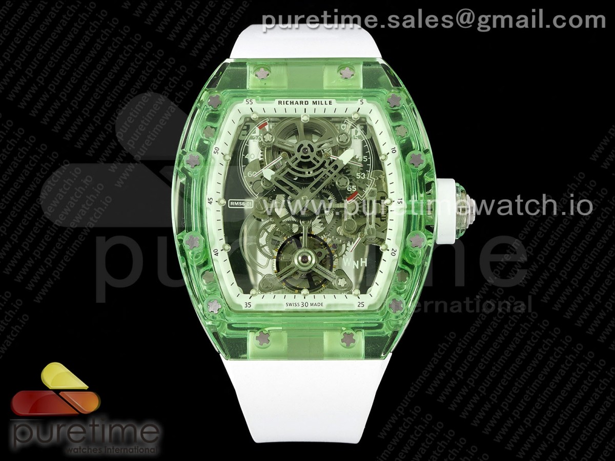 [RMF] Richard Mille RM56-01 Green Transparent Tourbillon Skeleton Dial on White Rubber Strap