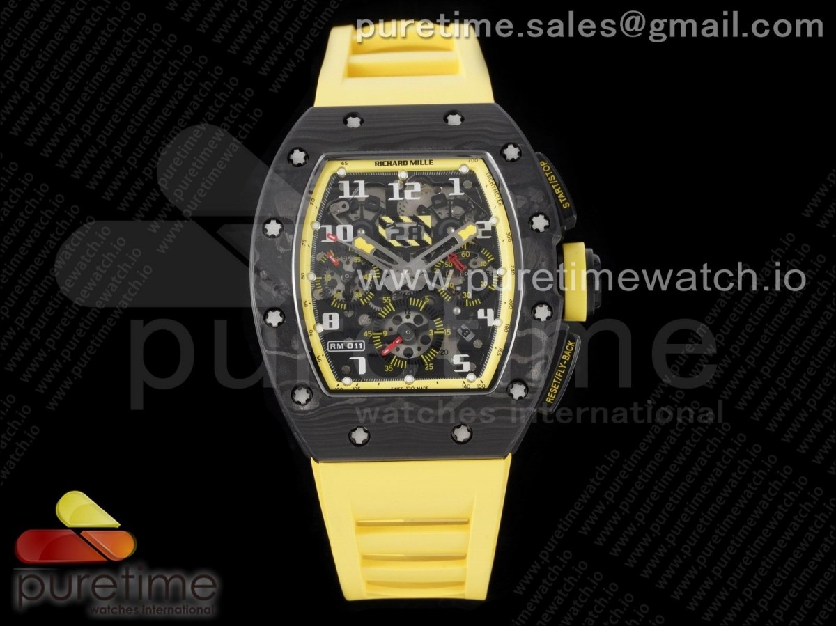 [KVF] Richard Mille RM011 NTPT Carbon Chrono Crystal Skeleton Dial Yellow Inner Bezel on Yellow Rubber Strap A7750