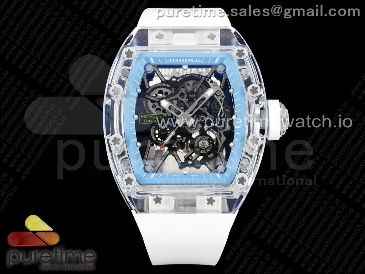 [RMF] Richard Mille RM035 Transparent Skeleton Blue Dial on White Rubber Strap Clone RMUL2