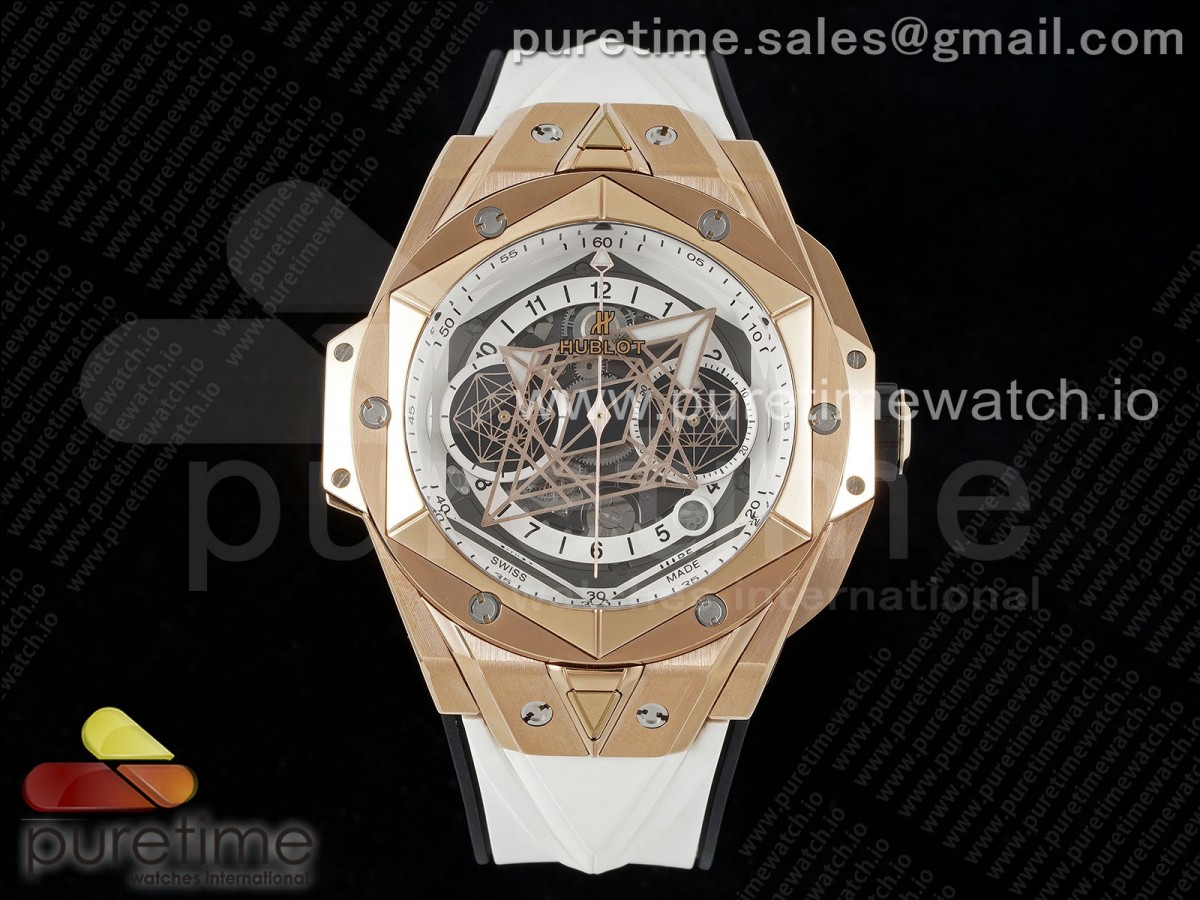 [BBF] Hublot Big Bang Sang Bleu II Chrono RG White Dial on White Gummy Strap A7750