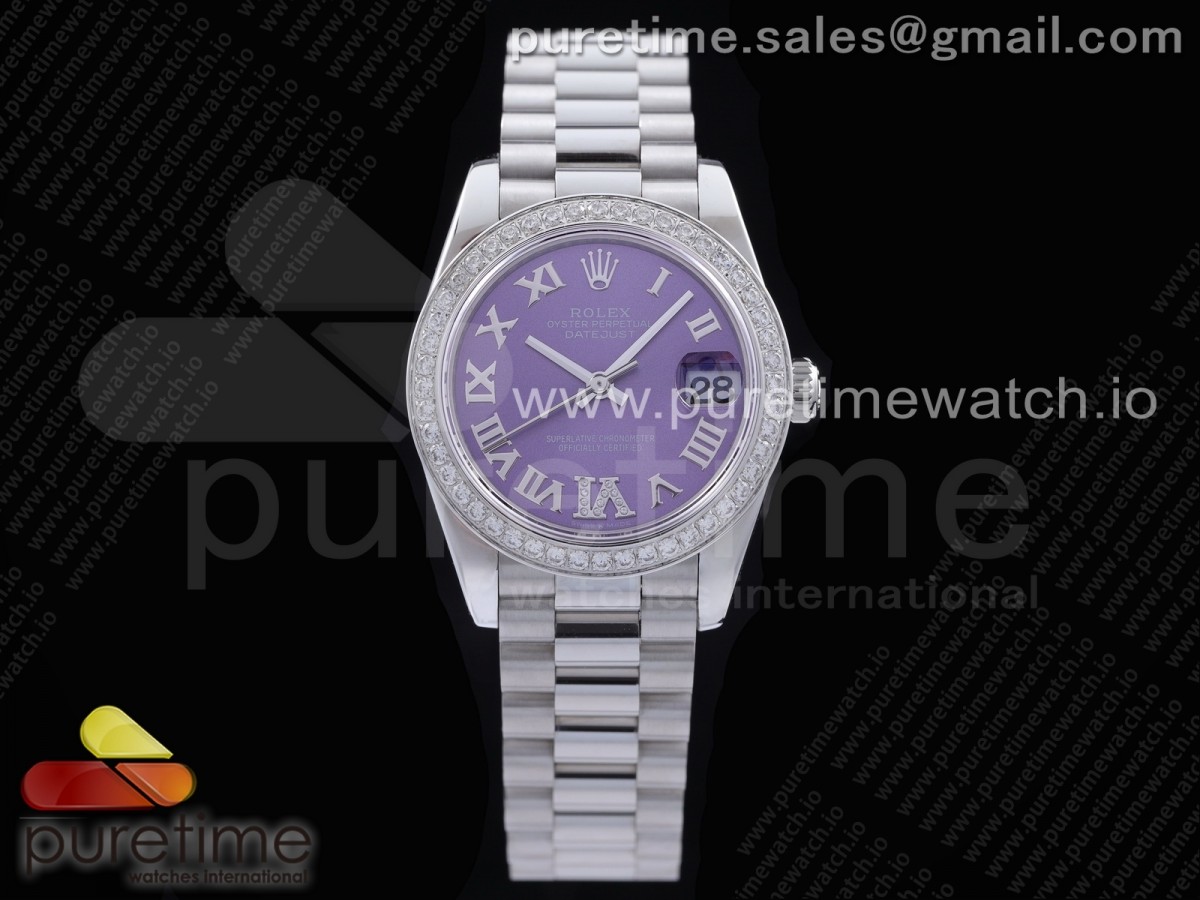 [GMF] Rolex DateJust 31 Ladies 278289 316L Steel Diamonds Bezel Purple Dial Roman Markers on President Syle Bracelet