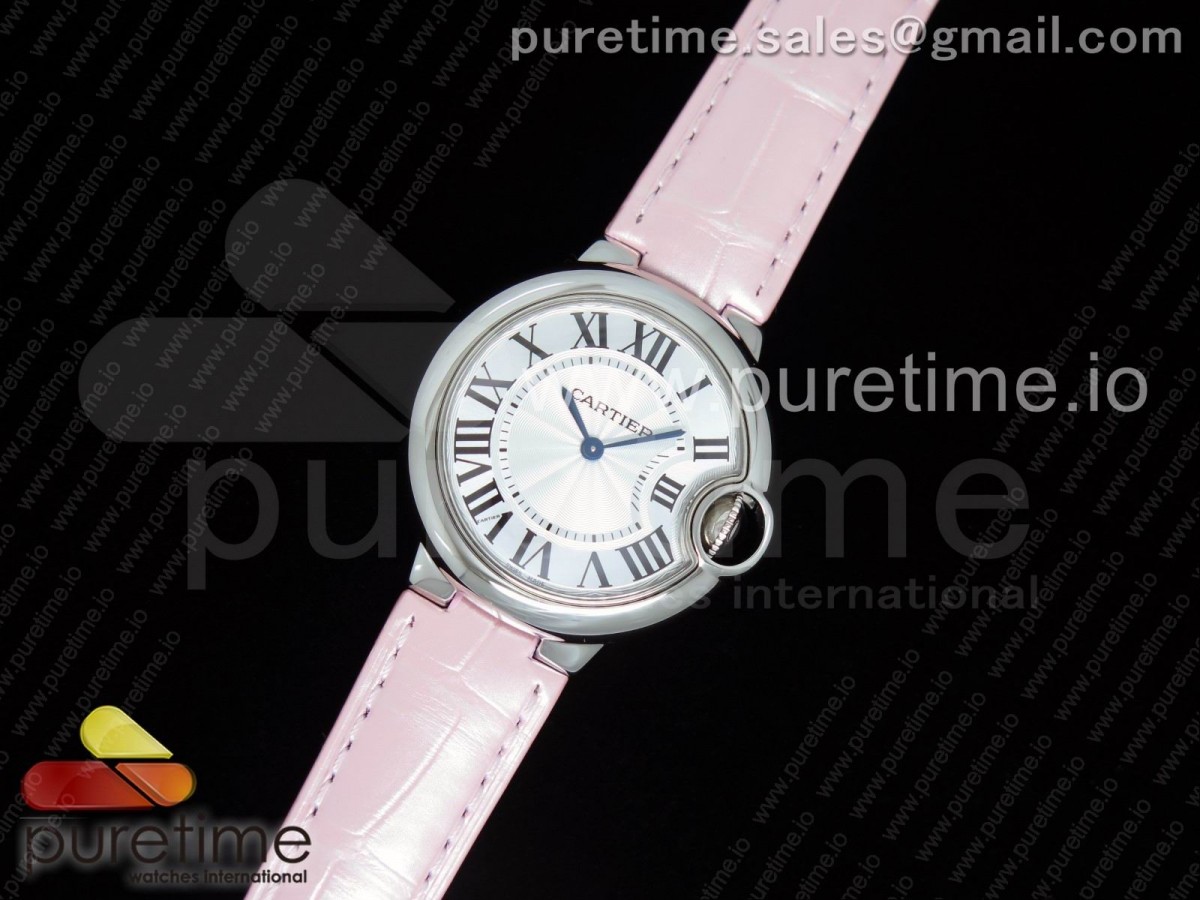 [AF] Cartier Ballon Bleu 33mm SS White Textured Dial on Pink Crocodile Strap Jap Quartz