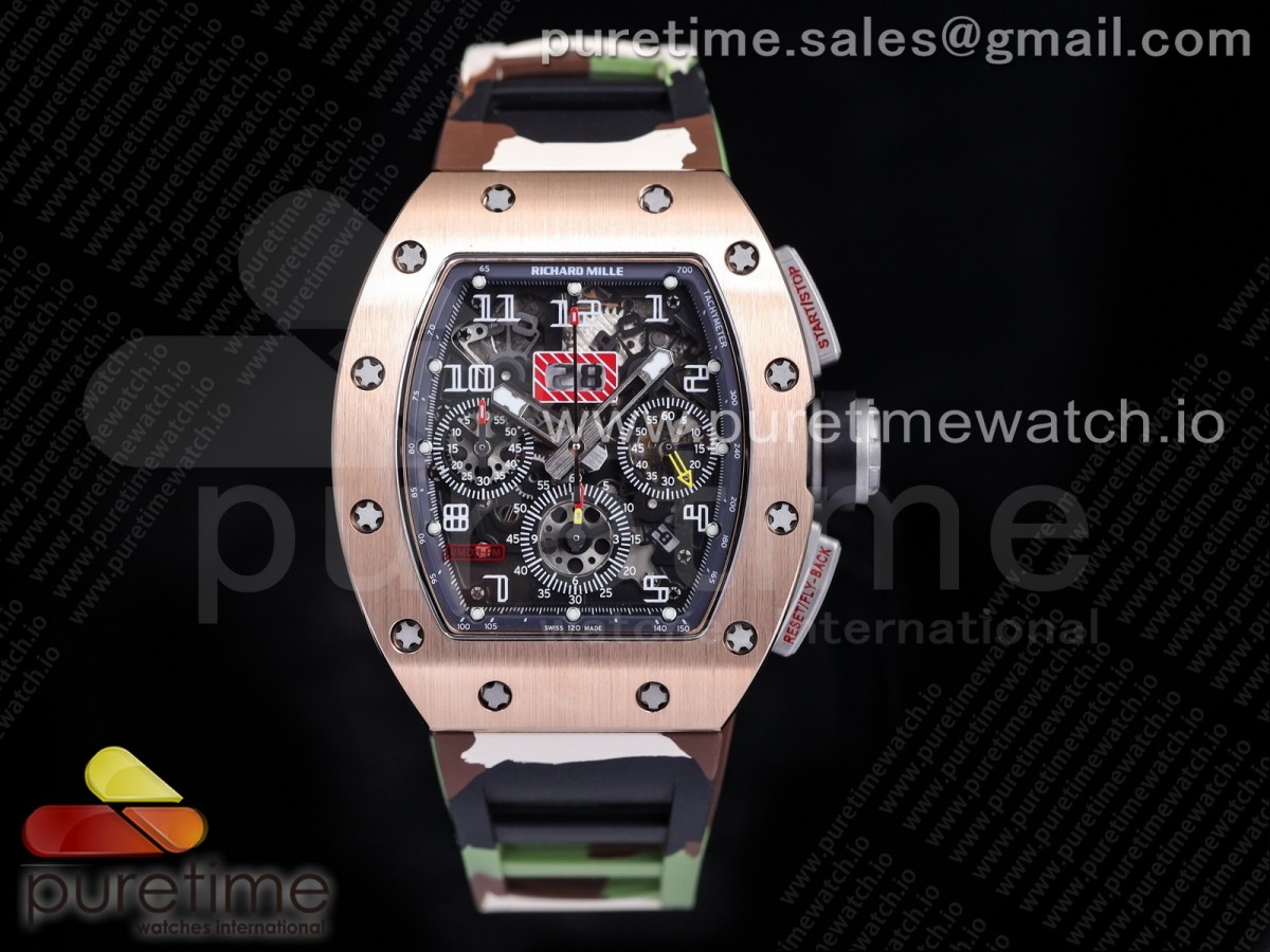 [KVF] Richard Mille RM011 RG Chrono Crystal Dial Black on Green Camo Rubber Strap A7750 V3