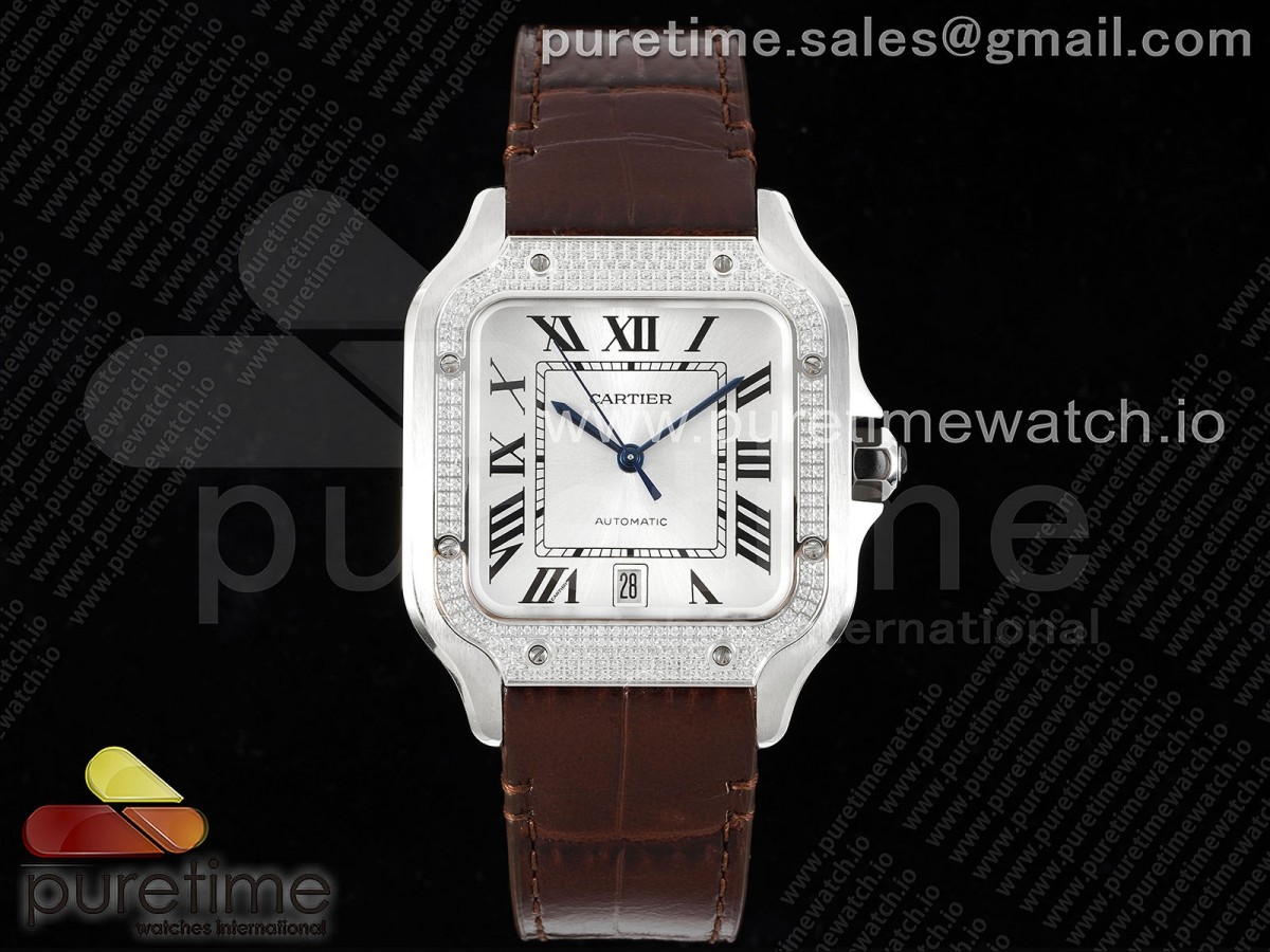 [3KF] Cartier Santos de Cartier 40mm White Dial Diamonds Bezel on Brown Leather Strap MIYOTA 9015