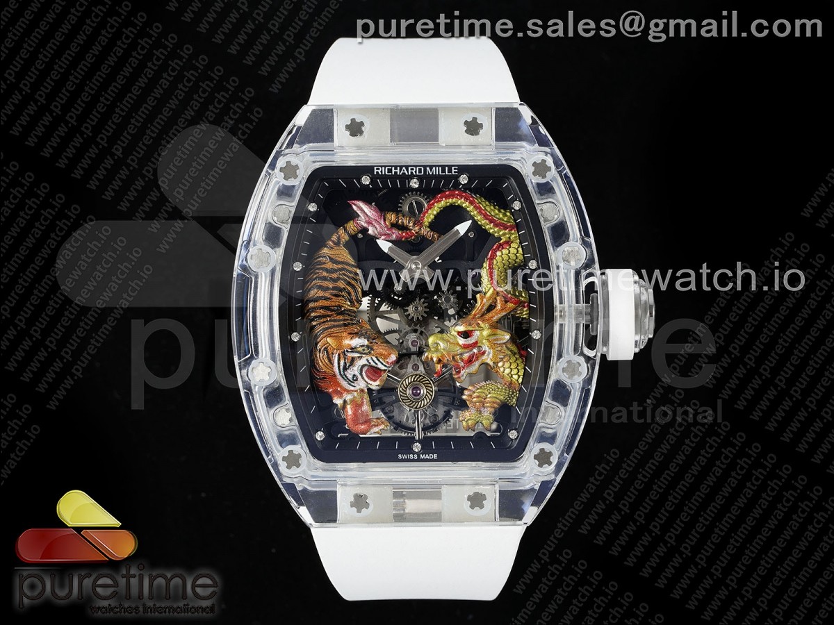 [RMF] Richard Mille RM51 Transparent Tourbillon Tiger/Dragon Dial on White Rubber Strap