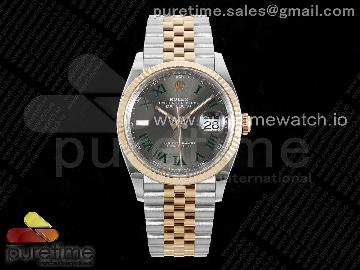 [Clean] Rolex DateJust 36 126231 904L Steel Gray DIal Green Roman Marker on SS/RG Jubilee Bracelet VR3235