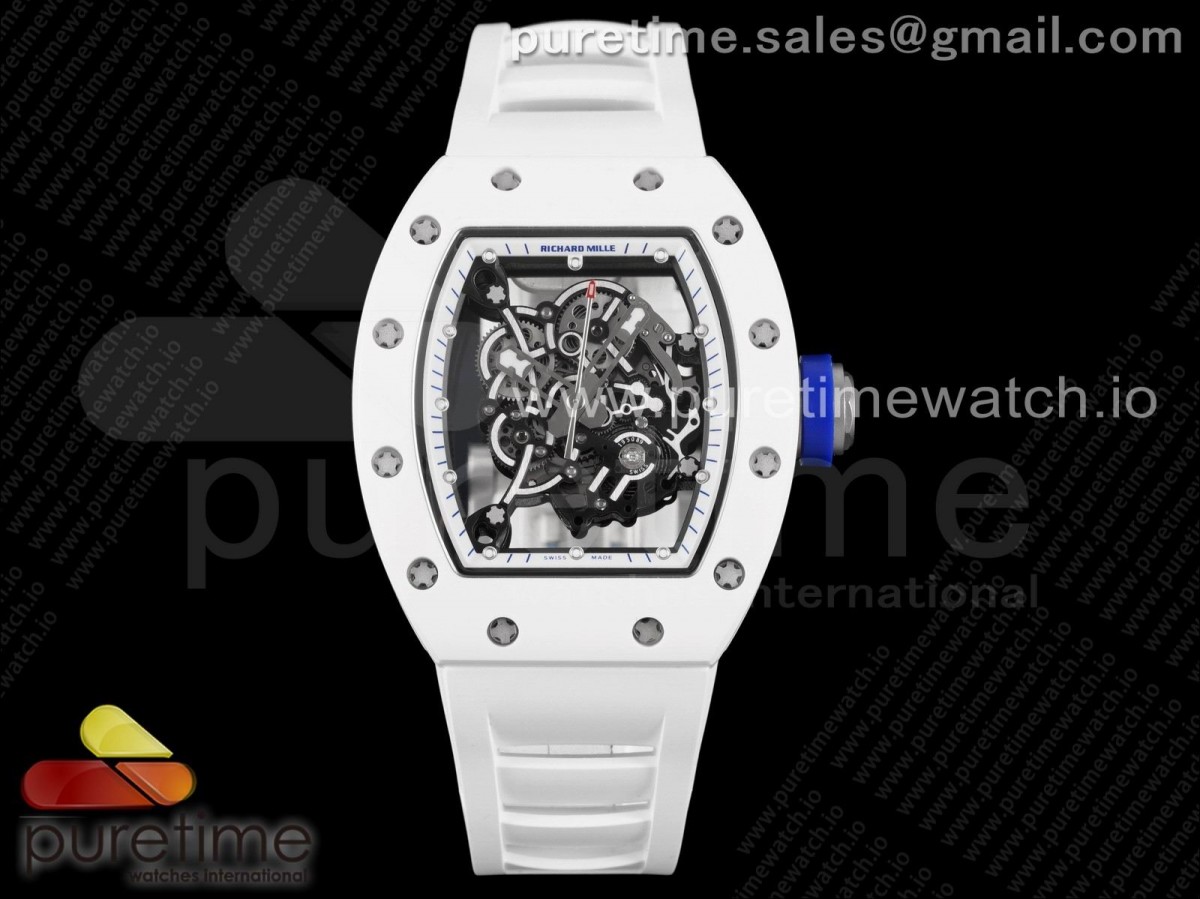 [KVF] Richard Mille RM055 White Ceramic Skeleton Dial White Blue on White Rubber Strap MIYOTA8215 V3