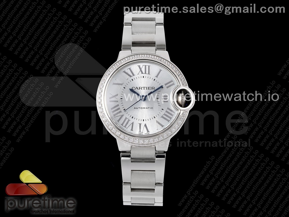 [AF] Cartier Ballon Bleu 33mm SS Silver Dial Diamonds Bezel on SS Bracelet SEIKO NH05A