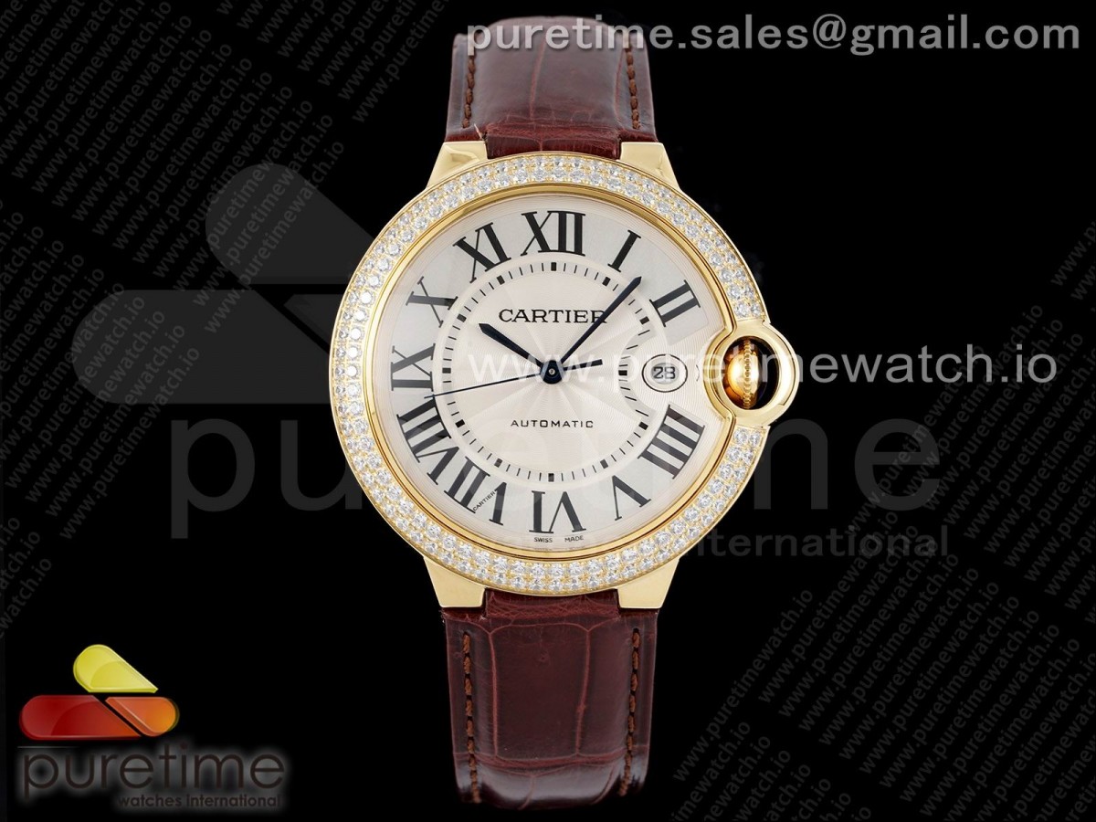 [AF] Cartier Ballon Bleu 42mm YG White Textured Dial Diamonds Bezel on Brown Leather Strap A2824