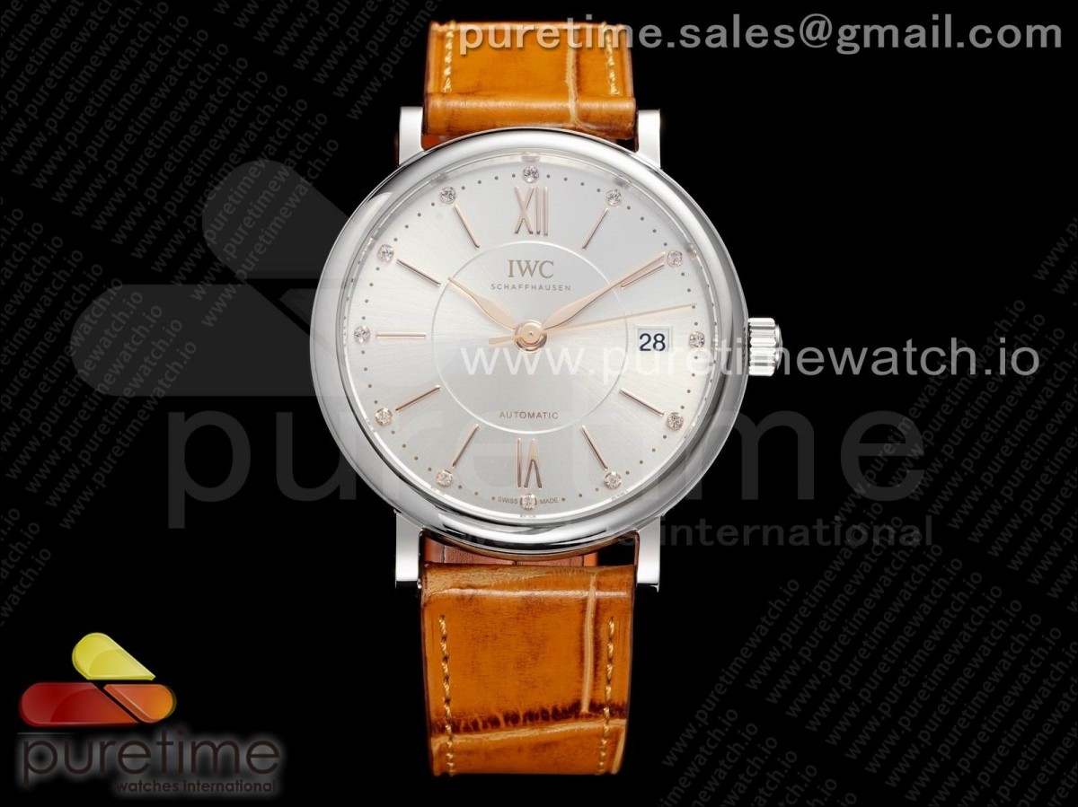 [V7F] IWC Portofino 37mm SS White Dial on Light Brown Leather Strap A2892