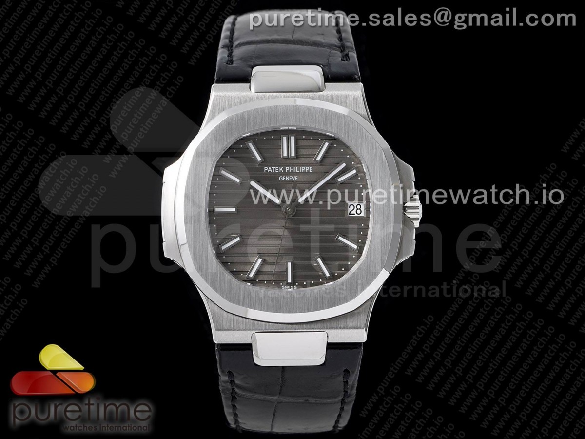 [3KF] Patek Philippe Nautilus 5711 SS Gray Textured Dial on Black Leather Strap A324 Super Clone V2