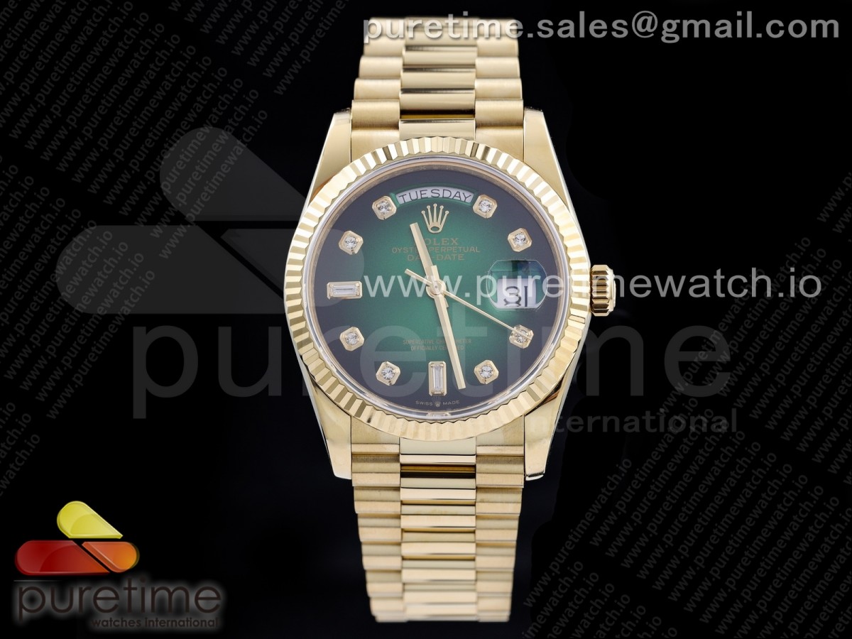 [GMF] Rolex Day-Date 36 YG 128238 Green Dial Diamonds Markers on President Bracelet A2836