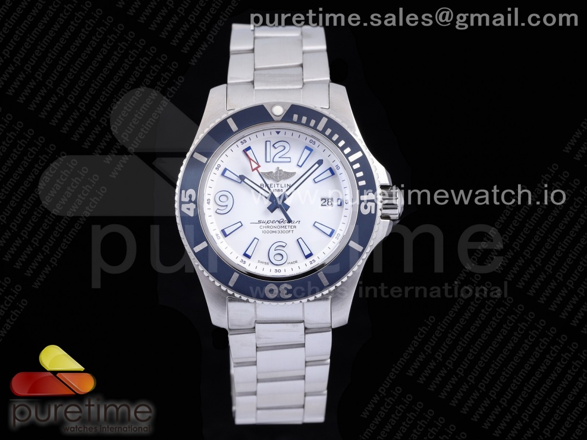 [TF] Breitling Superocean Automatic 44 White Dial Blue Bezel on SS Bracelet A2824