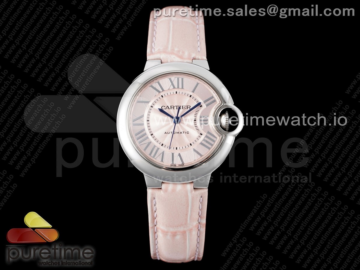 [3KF] Cartier Ballon Bleu 33mm SS Pink Dial on Pink Leather Strap A076