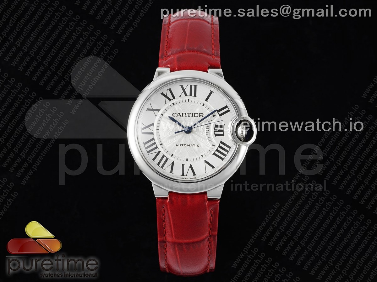 [3KF] Cartier Ballon Bleu 36mm SS White Dial on Red Leather Strap A076