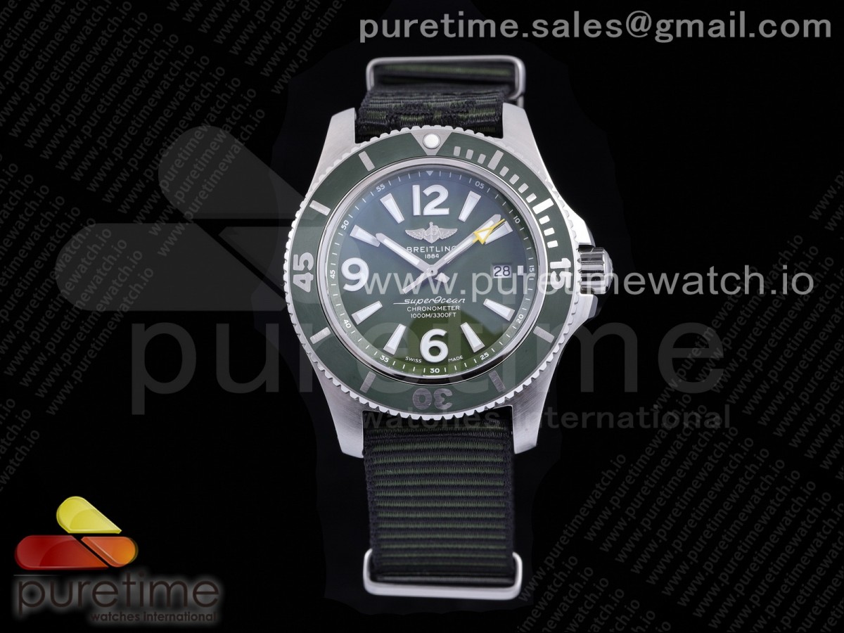 [TF] Breitling Superocean Automatic 44 Green Dial Green Bezel on Green Nylon Strap A2824