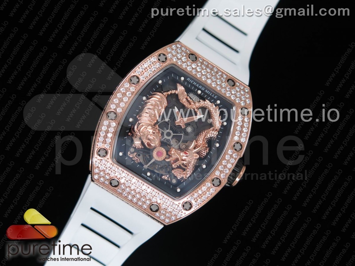 [KVF] Richard Mille RM 51-01 RG Tiger & Dragon Diamonds Bezelon Whtie Rubber Strap MIYOTA8215