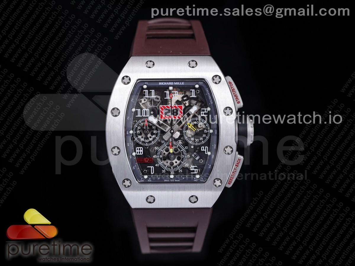 [KVF] Richard Mille RM011 SS Chrono Crystal Dial Black on Brown Rubber Strap A7750 V3