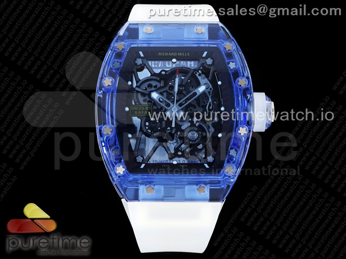 [RMF] Richard Mille RM035 Blue Transparent Skeleton Dial on Translucent Rubber Strap Clone RMUL2