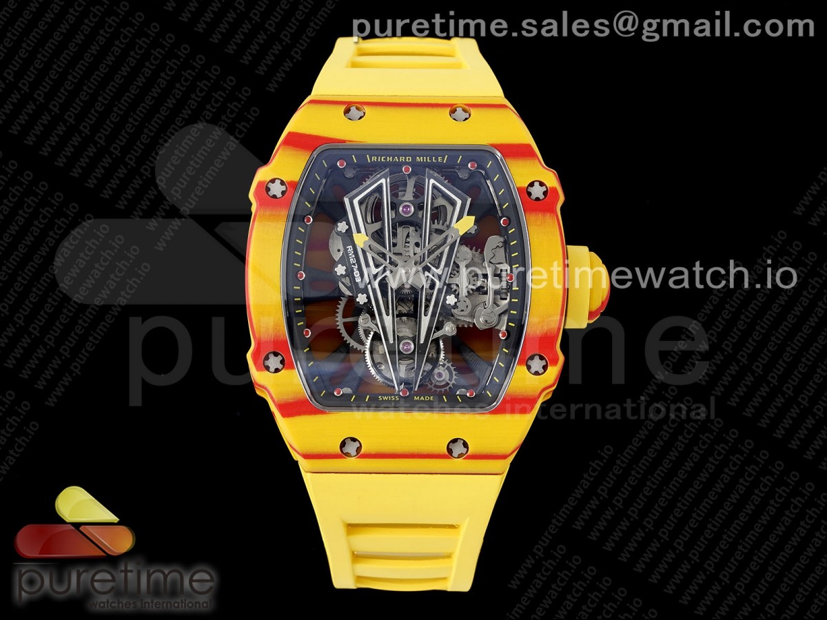 [RMF] Richard Mille RM027-03 Real Tourbillon Orange/Red Carbon Skeleton Dial on Yellow Rubber Strap