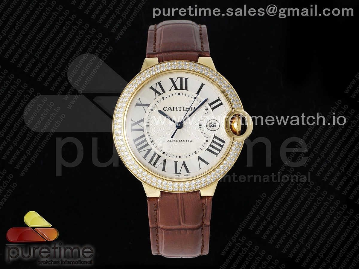 [AF] Cartier Ballon Bleu 42mm YG White Texture Dial Diamonds Bezel on Brown Leather Strap A2824 V5