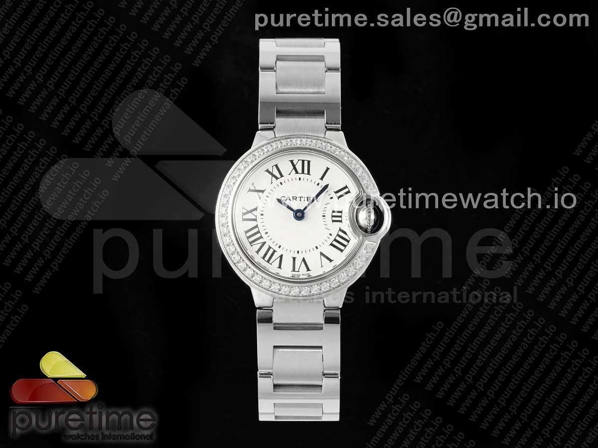 [AF] Cartier Ballon Bleu Ladies 28mm SS White Dial Diamonds Bezel on SS Bracelet Ronda Quartz