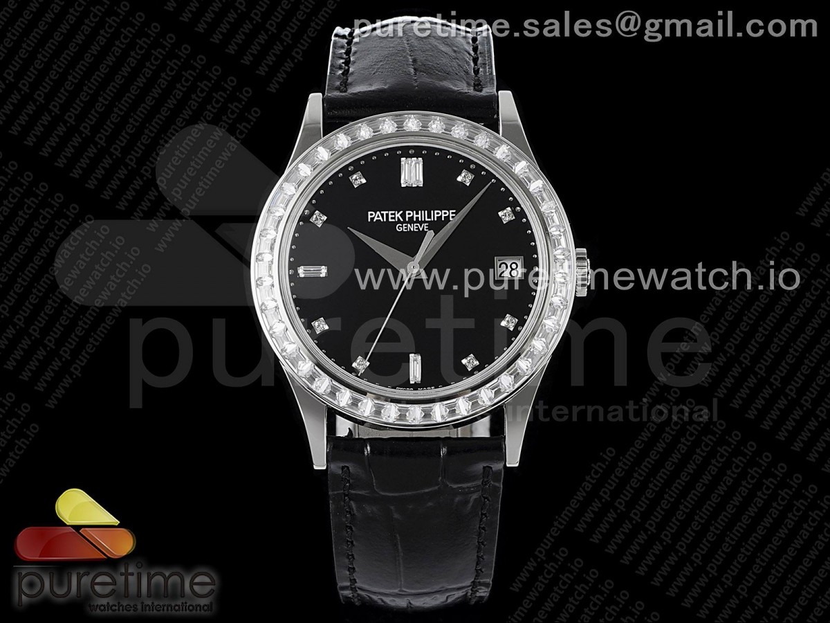 [ZF] Patek Philippe Calatrava 5298P-012 SS T Diamonds Bezel Black Dial on Black Leather Strap A324CS