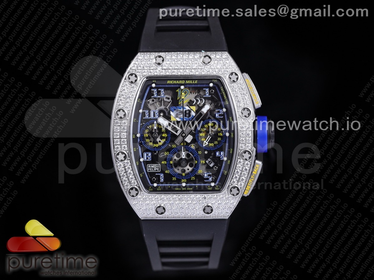 [KVF] Richard Mille RM011 SS Chrono Diamonds Bezel Crystal Dial Black on Black Rubber Strap A7750 V3