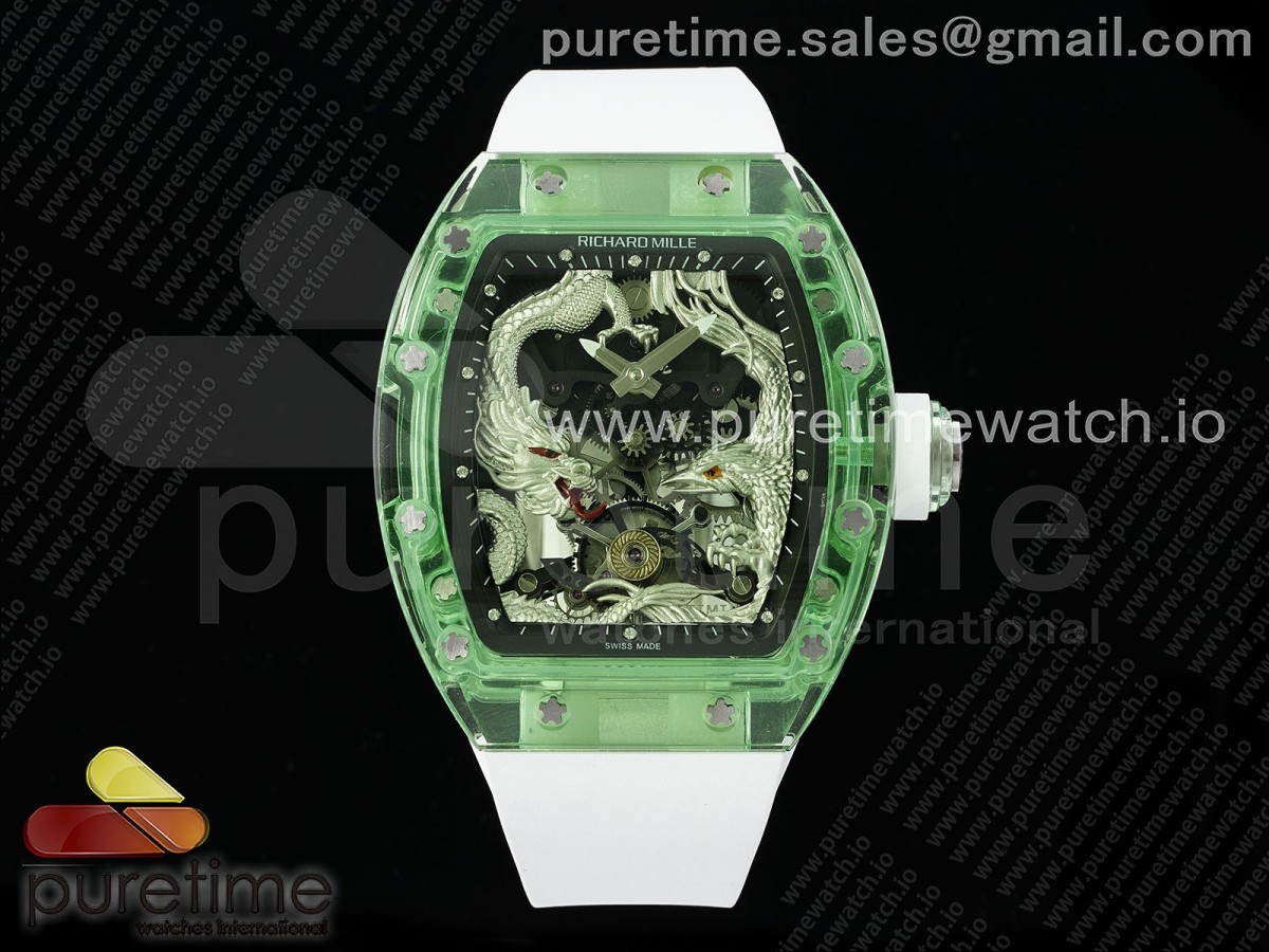 [RMF] Richard Mille RM57 Green Transparent Tourbillon Silver Dragon Eagle Dial on White Rubber Strap