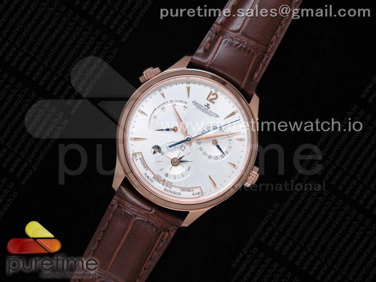 [ZF] Jaeger-LeCoultre Master Geographic Real PR RG White Dial on Brown Leather Strap A939