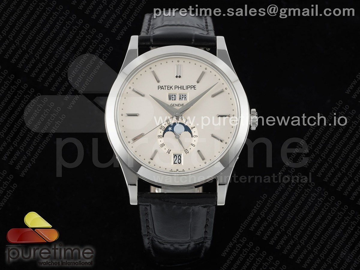 [ZF] Patek Philippe Annual Calendar Moonphase 5396 SS White Dial on Black Leather Strap A324