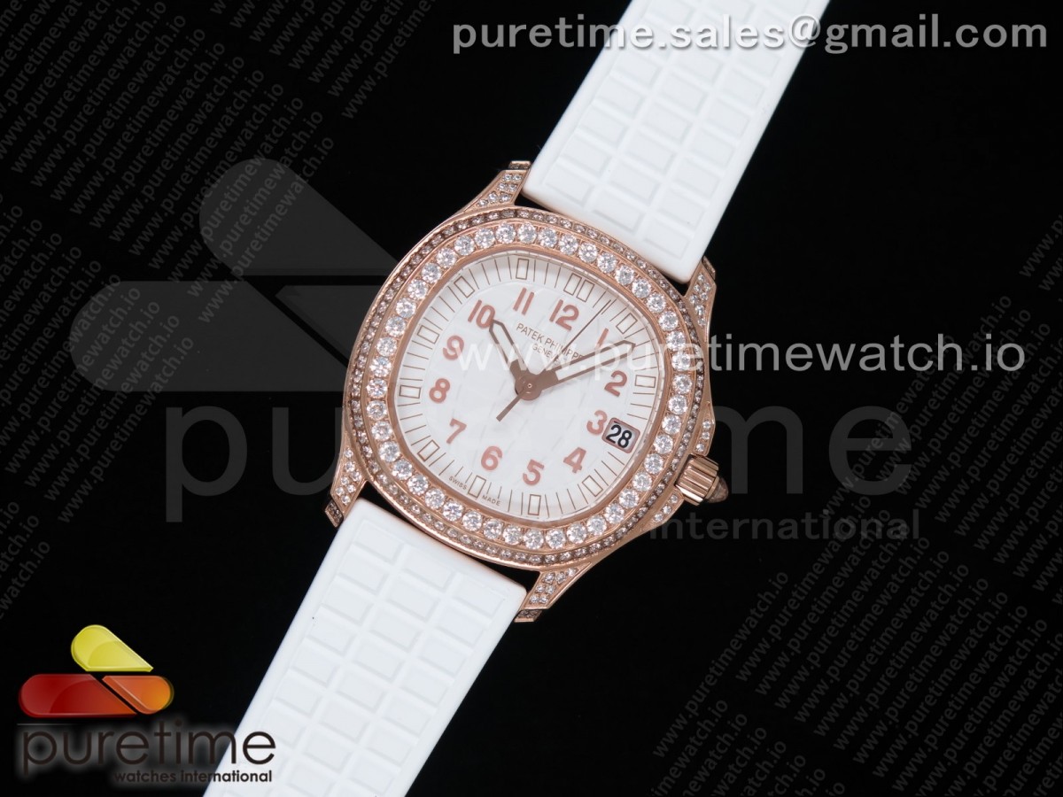 [PPF] Patek Philippe Aquanaut 5068 RG Full Paved Diamonds White Textured Dial on White Rubber Strap 324CS