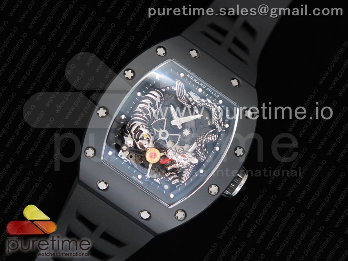 [KVF] Richard Mille RM 51-01 Black Ceramic Tiger & Dragon on Black Rubber Strap MIYOTA8215