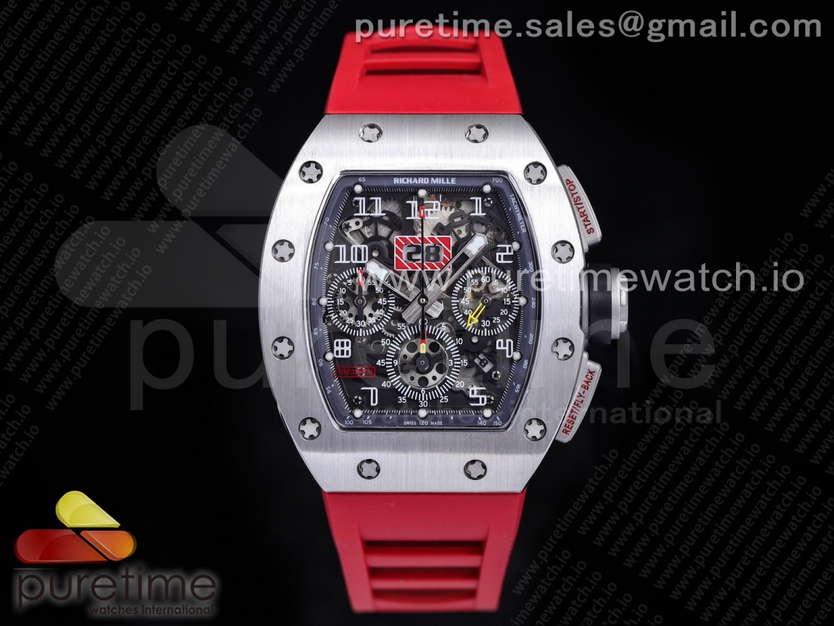 [KVF] Richard Mille RM011 SS Chrono Crystal Dial Black on Red Rubber Strap A7750 V3